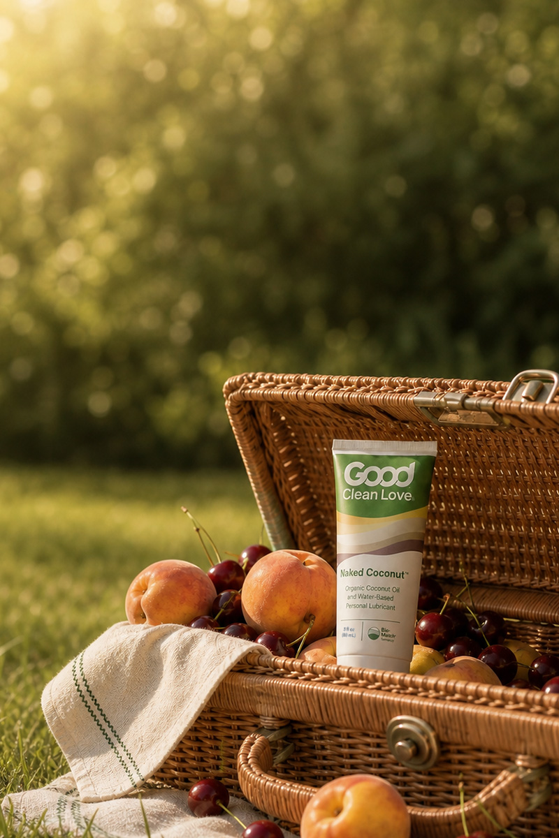 Picnic basket with peaches, cherries, and naked coconut.