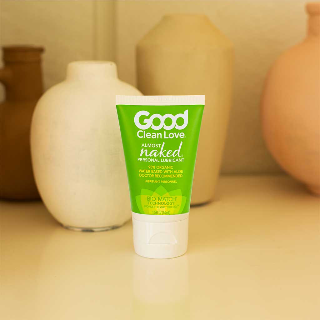 Good Clean Love Almost Naked® Organic Personal Lubricant is made with aloe vera and infused with a touch of lemon and vanilla, giving it a light organic flavor. This organic water based lubricant is designed for the most sensitive skin types.   Almost Naked® Personal Lubricant is formulated to provide a long-lasting glide without irritating chemical additives and sticky cleanup. Respect the most sensitive tissues in your body with organic ingredients and enhance your love life naturally.
